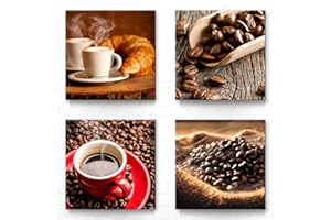 BILDERKING Moderne Bilder für Küche als Leinwandbilder im 4er Set - 40x40cm je Wandbild. Das Motivset-E mit braunen Detail-Bildern von Kaffee werden aufhängefertig an Sie versandt.