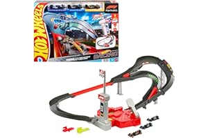 Hot Wheels Conjunto de pista coches de juguete, 3 vehículos metálicos de Formula 1 a escala 1:64: McLaren F1 Team, Alpine y VCARB, Circuito de carreras a gran velocidad uno contra uno, JDY15