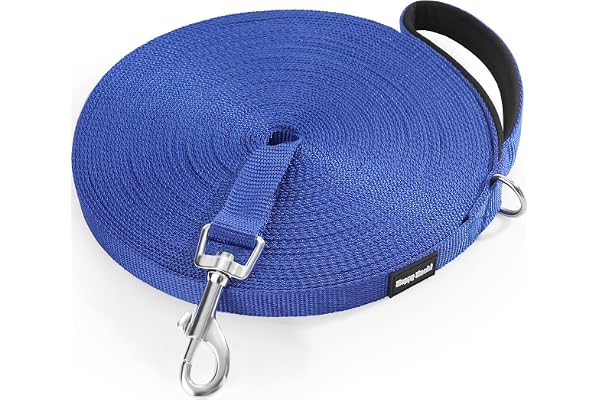 HAPPY HACHI Longe pour Chien en Nylon Résistant, 3m 5m 10m 15m 20m 25m 30m 33m, Laisse Chien Longue avec Poignée Rembourrée, Mousqueton Rotatif 360°- Bleu 10m