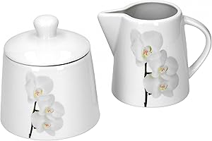 Van Well Vanda Orchidée blanche 2 pièces Sucrier avec couvercle Ø 95 mm + pot à lait 220 ml Décor floral Porcelaine élégante