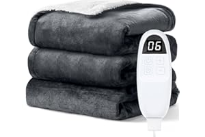 PRANITE Manta Eléctrica 200 x 180 cm, Manta Térmica con 6 Niveles de Calor y Temporizador 10H, Apagado Automático, Sherpa Suave y Cálido para Cama, Sofá u Oficina, Gris
