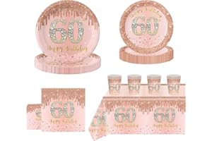 POPOYU 69Pcs Rose Gold 60th Birthday Party Tableware 16 Guests,60th Rose Gold Party Paper Plates Tablecloth Paper Cups and Napkins Tableware Set for Women Her Birthday Gifts Party Supplies Table Decorations