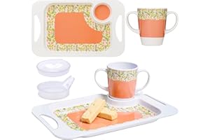 Rosa Lifestyle Peach Two Handled Melamine Mug, Lids & Serving Tray Set (400ml/14oz) Mug Capacity Tray (33.8cmx20.6cm) Lightweight Mobility Aid for Elderly Gift Set (Peach)