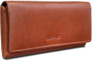 ROYALZ 'Lucia' skórzany portfel damski w stylu vintage, duży, ochrona RFID, portfel z zamkiem błyskawicznym, wiele przegródek, 11 przegródek na karty, format poziomy, Texas brązowy, M, Vintage