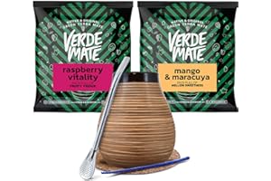 CEBADOR Set of yerba mate accessories with samples | Verde Mate Raspberry Vitality and Mango & Maracuya | Calabash, bombilla and accessories | Brazilian yerba mate | Natural caffeine | 2x50g