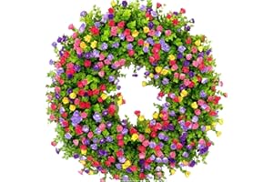 TZCIN 45cm Türkranz, Frühling Sommer Wildblume Kranz Dekorative Girlande für Haustür, Große künstliche Eukalyptus Kränze mit Blumen für Bauernhaus Tür Wand Wohnzimmer Flur Hochzeit Dekoration (Bunt)