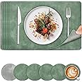 Placemats and Coaster Sets 6 | Faux Leather Place Mats and Coasters Heat Resistant | Wipeable Washable Dual-Sided Cowhide Table Mats | Table Placemat for Indoor Outdoor | 44.5 x 30cm | Green & Grey