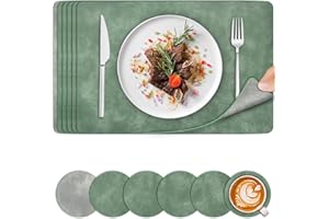 BEIJIE Placemats and Coaster Sets 6 | Faux Leather Place Mats and Coasters Heat Resistant | Wipeable Washable Dual-Sided Cowhide Table Mats | Table Placemat for Indoor Outdoor | 44.5 x 30cm | Green & Grey