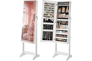 ‎SONGMICS SONGMICS Schmuckschrank, Spiegelschrank stehend, mit 2 separaten Make-up Organizern, rahmenloser Ganzkörperspiegel, abschließbar, für Ketten, Ohrringe, Schminke, weiß JJC002W01