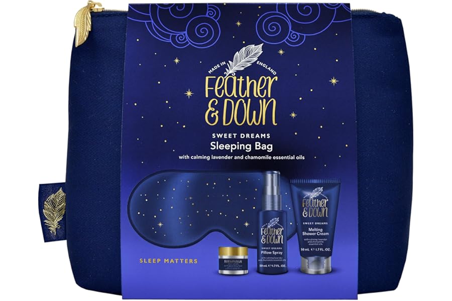 Feather & Down Sleeping Bag Gift Set (luxury eye mask, sleep balm, pillow spray and shower cream) - relaxation gift with calming lavender & chamomile essential oils perfect for Mothers Day