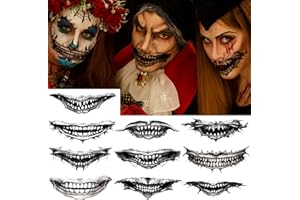FLYFTREY 10 Fogli Halloween Tatuaggi Temporanei, Tatuaggio Viso Bocca Cranio Nero Scheletro clown horror bocca Braccio Corpo Tattoos Adesivi per Donna Uomini Adulti Makeup Masquerade feste Party Puntelli
