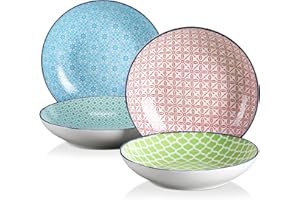 vancasso Macaron 8.5 inch Pasta Bowls Set, 4 Pieces Japanese Style Deep Plates, Porcelain Colorful Soup Plate Set (21.5 * 21.5 * 4.5cm)