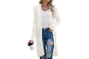 GRECERELLE Strickjacke Damen Sommer Lang Cardigan Langärmelig Lochmuster Strandjacke Leicht Dünne Vorne Offen Cover Up