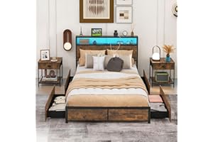 COSTWAY 4FT6 Double/5FT King Metal Bed Frame with RGB LED Lights, Charging Station, Storage Headboard and 4 Underbed Drawers, Industrial Steel Slat Support Platform Bed Frame Base (Double-207x143cm)