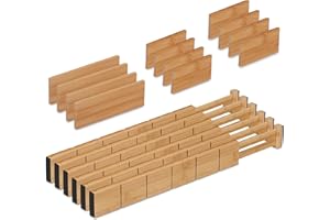 Relaxdays Separator do szuflad, 18-częściowy zestaw, regulowana długość od 43,5 do 57 cm, bambus, rozdzielacz szuflad kuchnia, naturalny