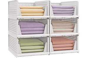 SONGMICS Organizador de Armario Plegable, Apilable, Cesta Extraíble, Juego de 6, Almacenamiento y Organización, Plástico, Dormitorio, Oficina, Baño, Blanco LPC600WZ01