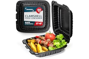 SPARGOS Cajas para llevar comida 60 unidades 20x20 cm - Clamshell biodegradables de poliestireno - Cajas para hamburguesas reutilizables - Contenedores desechables negros con 1 compartimento y tapas