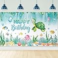 Preboun 3.6 x 6 Feet Ocean Happy Birthday Backdrop Sea Animal Turtle Backdrop Ocean Animal Photography Backdrop Ocean Animal Happy Birthday Decorations Sea Turtle Background for Baby Shower Birthday