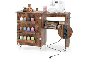 COSTWAY Table de Couture Pliante à roulettes, Armoire pour Machine à Coudre Roulante avec Étagère de Rangement, 3 Bacs Cachés, Meuble Couture pour Salon, Bureau, Studio (Marron Rustique)