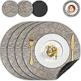 Placemats and Coaster Sets 4, Round Leather Floral Dining Table Mats (34cm) Heat Resistant Waterproof Dual Sided Kitchen Place Mats Non-Slip Washable Coffee Mats for Home Restaurant Hotel (Grey Black)