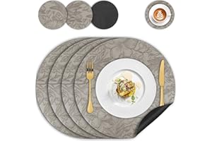 IAGORYUE Placemats and Coaster Sets 4, Round Leather Floral Dining Table Mats (34cm) Heat Resistant Waterproof Dual Sided Kitchen Place Mats Non-Slip Washable Coffee Mats for Home Restaurant Hotel (Grey Black)