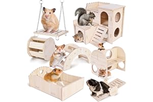 BORDEAG Lot de 7 jouets pour hamster - Accessoires pour hamster - Jouet à mâcher en bois pour cochon d'Inde - Roue de hamster - Balançoire - Maison pour gerbilles, rats, hamsters nains, chinchillas