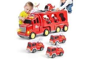 Weinsamkeit Zabawka samochód od 2 lat, samochód strażacki, zabawka dla małych dzieci 7 w 1, transporter, ciężarówka, zabawka ze światłem i muzyką, prezent urodzinowy dla chłopców i dziewczynek w wieku