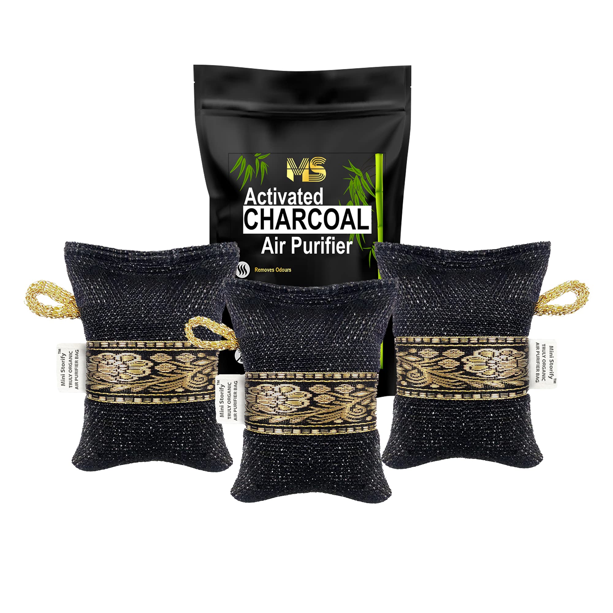 Mini Storify – Non Electric Activated Charcoal Air Purifier Bag | Pack of 3 | 75g x3 – Natural Odor Remover and Deodorizer – 