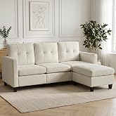 HIPIHOM L Shaped Corner Sofa with Footrest - 3 Seater Sectional Sofa in Beige with Soft Fabric Upholstery, L-Shaped Sofa with