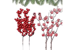 QUEERELELE 20 Pezzi di Bacche Artificiali, Neve Ghiacciata, Rami di Bacche Rosse e Agrifoglio - Composizione Floreale per Albero di Natale, Artigianato, Inverno, Decorazione