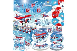ENCETARDE Aeroplano Compleanno Decorazioni per Partito Aeroplano Accessori Partito Piatto Tazze Tovaglioli Tovaglia Buon Compleanno Sfondo Palloncino Torta Toppers Per Aerei Tema Festa Rosa