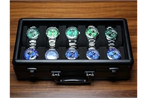 MATGEUT Aluminum watch storage box, 10 slots deluxe Watch organizer,carry box holder -watch Storage case for all size watches (Black Clear Glass Top, 10 slots)