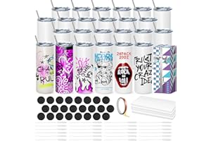 WULAIHO 24 Stück Sublimation Rohlinge 20 oz Trinkhalm für Tassen, White Straight Bulk Edelstahl Tumbler, Sublimationsbecher für Wärmeübertragung, mit Deckel und Stroh, Schrumpffolie, einzeln verpackt