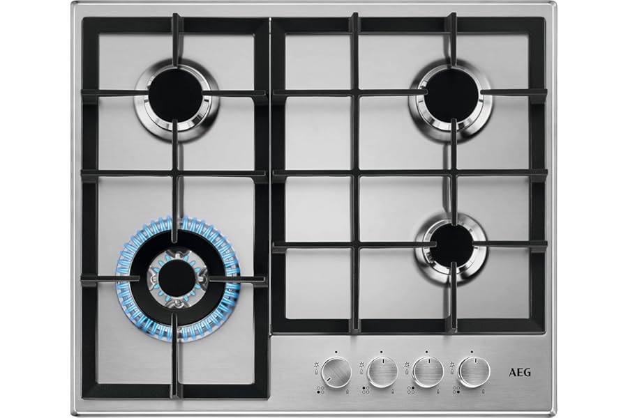 AEG Gas Hob HGB64400SM 60 cm, 4 Burners Speed Burner, Wok Burner, Cast Iron Grills, Integrated Ignition, Automatic Shutdown, Stainless Steel