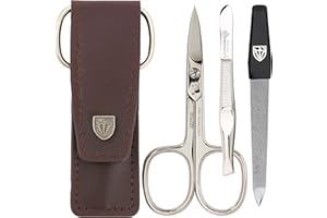 DREI SCHWERTER - Juego de manicura y pedicura de 3 piezas en estuche de piel auténtica, color marrón. Fabricado en Alemania. Contenido: tijeras de uñas, pinzas, lima de uñas de zafiro