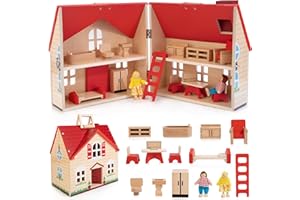 WOODMAM Wooden Dollhouse Furniture Set for Children from 3 Years Dollhouse with Portable Handles Includes Furniture and Figures Dollhouse Toy Play Set Gift for Boys Girls Kids