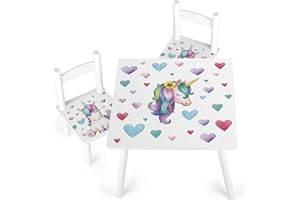 leomark tavolo e 2 sedie in legno, tavolino set da cameretta per bambini, gioco di gruppo in classe, mobili per bambini, stanza dei bambini mobili alta qualità stabile, tema: UNICORNO