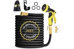 HmiL-U Garden Hose 150ft 45m Strongest Double Latex Inner Tube Prevent Leaking Magic Hosepipe with 9 Function Spray Gun+Solid Brass Fittings (Retracted Length 50ft)【2 YEARS 100% Guaranteed】(150ft)