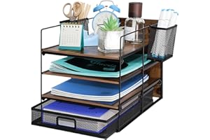 TSDRBWO Bandeja para cartas de 4 niveles, bandeja de malla metálica para escritorio de oficina, bandeja organizadora de escritorio con soporte para bolígrafos, carpeta de bandeja de archivo de papel,