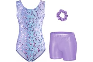 Arshiner Girls Gymnastics Leotard Set Kids Three Piece Gymnastik Outfit Sleeveless Leotards with Shorts and Hairband Sparkly 