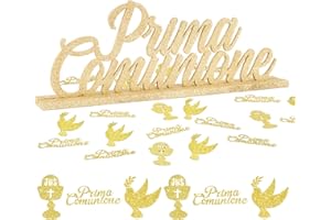 BETESSIN Decorazione Comunione Bambini Centrotavolo Scritta Prima Comunione Oro Glitter Legno 60pz Coriandoli Calice Piccione Decorazione Tavolo Festa Bomboniere Prima Comunione