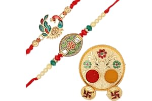 ADITRI CREATION Set of 2 Rakhi For Brother Rakhi for Bhai Bhaiya Veera Rakhi Thread Bracelet Dora for Raksha Bandhan gift pack with Tilak Holder Copra Kumkum Plate Platter for Puja Indian Traditional Festival Rakhi