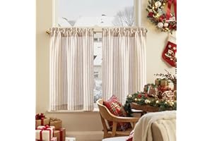 TOPICK Taupe Striped Linen Look Kitchen Curtains, Pinstripe Cafe Curtains 30 Inch Drop, Light Filtering Small Window Rod Pocket 2 Drapes for Living Room, Bathroom, Cupboard, Bedroom, W 26 x L 30 Inch