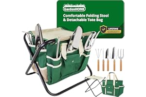 GardenHOME Kit Complet d'Outils de Jardinage - 7 Pièces, Acier Inoxydable Robuste, Tabouret Pliant Solide, Sac à Outils Détachable