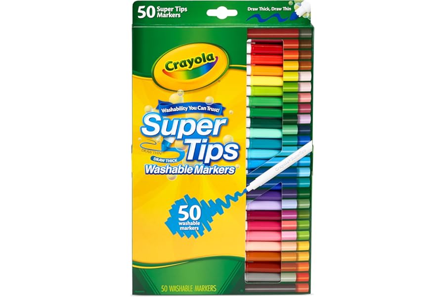 CRAYOLA SuperTips Washable Markers - Assorted Colours (Pack of 50) | Premium Felt Tip Pens That Can Easily Wash Off Skin & Clothing | Ideal for Kids Aged 3+