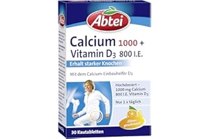 ‎ABTEI Abtei Calcium 1000 + D3 - Für den Erhalt starker Knochen - Hochdosiert - Glutenfrei, laktosefrei, für Vegetarier geeignet - Mit Zitronengeschmack - 30 Tabletten