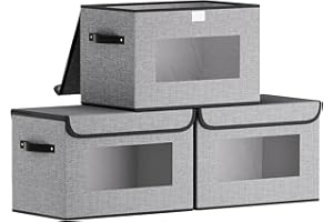 YheenLf Aufbewahrungsbox mit Deckel, Kleiderschrank Organizer, Stoff Grau Aufbewahrungsboxn mit Fenster, Faltbox mit Griff, 3 Stück, 33x23x20cm