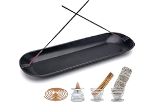 LIVBTS Portaincenso 5 in 1, porta incenso Palo Santo, porta salvia, in ferro, realizzato a mano, 30,5 cm, per meditazione, yoga, spa, pratico portacenere (nero)