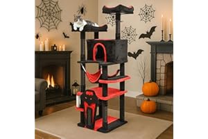BYBYME Gothic Cat Tree for Halloween, 158cm Tall Sturdy Furniture Set With Bed House, Hanging Toy, Scratching Board Sisal-Covered Posts, Multifunctional Cat Play Tower with Hammock（Black Red）