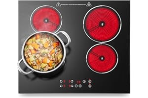 KICHPOWER Ceramic Hob 4 Burners 60cm, Built-in 4 Zone Electric Ceramic Hob, 6000W, Touch Control, 9 Power Levels, 1-99 Min Timer, Child Safe Lock, Heat Indicator, for all pots and pans